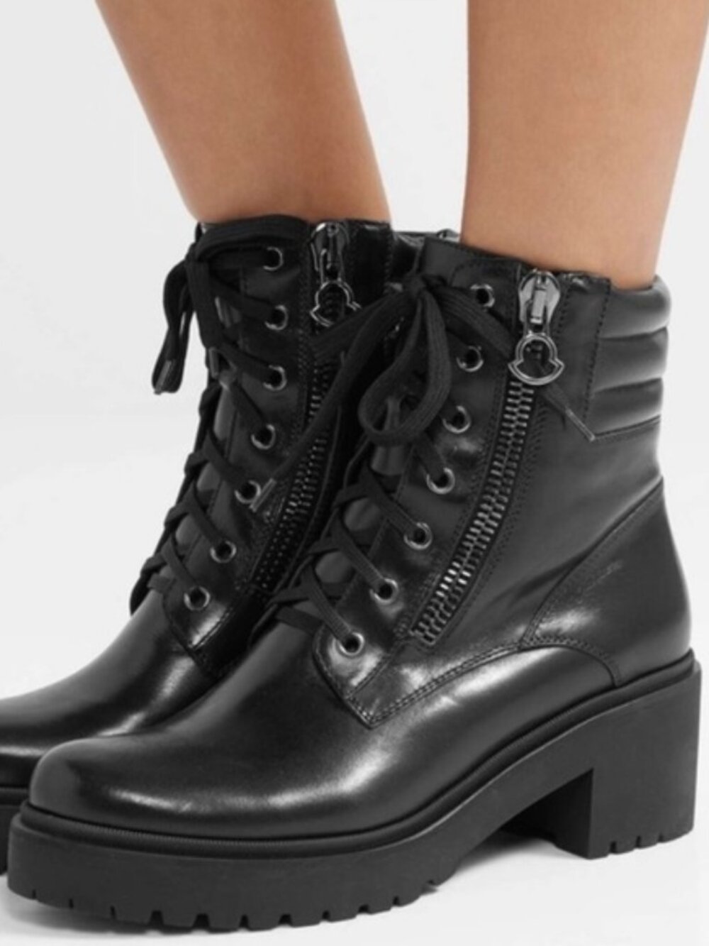 Moncler Black Combat Viviane Block-Heel Lug Sole Leather Boots Side Zips